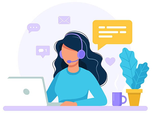 Customer support agent assisting guests with hotel booking inquiries via online chat and laptop, surrounded by digital communication icons