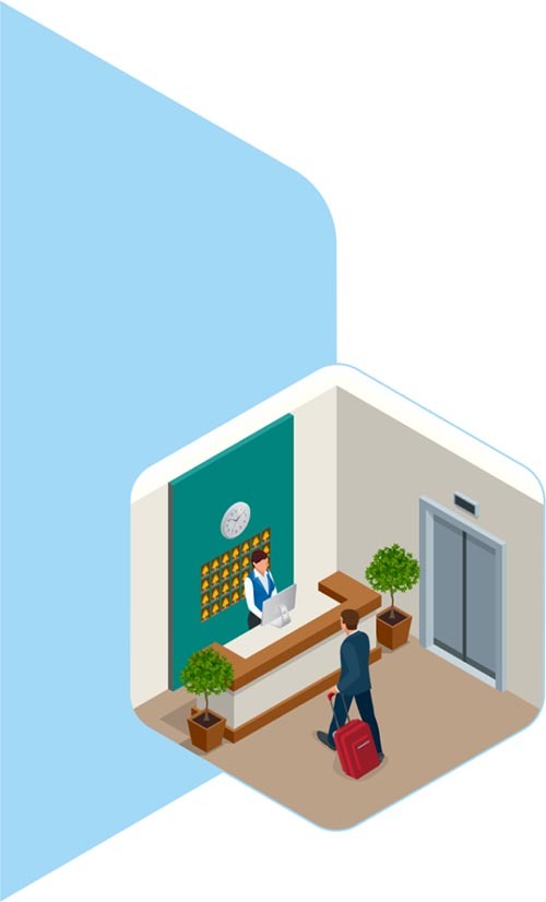 Guest checking in at the hotel front desk during the hotel booking process, assisted by a receptionist in a modern lobby near the elevator